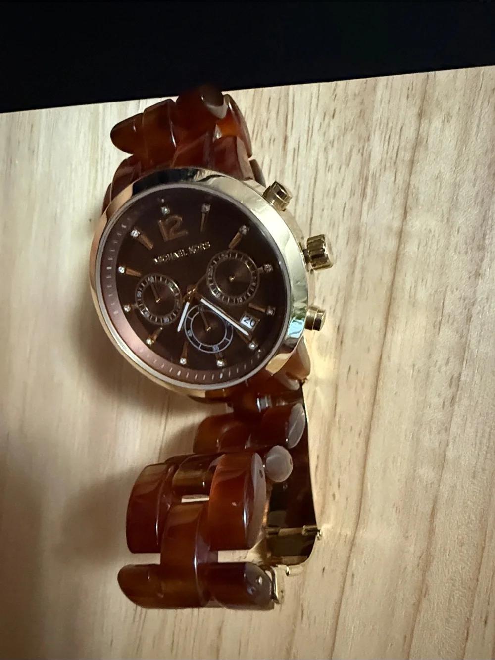 Michael Kors Brown Tortoiseshell Resin Link Chronograph Watch with Gold Accents